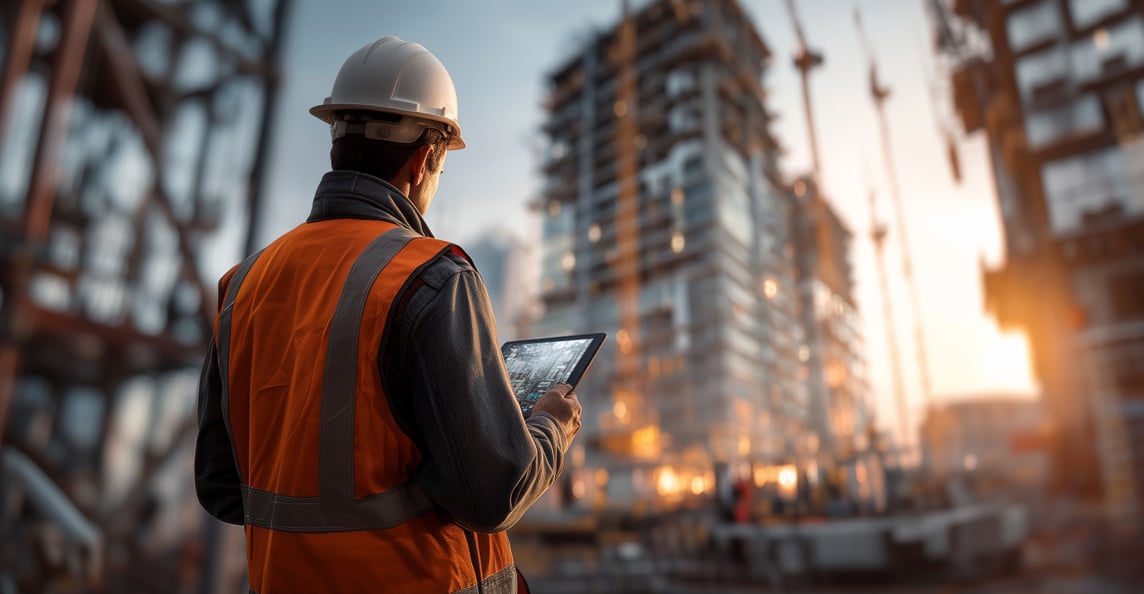 Construction contractor reviewing project data on a tablet at an active highrise building site