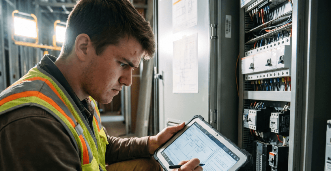 Electrical technician reviewing plans on a tablet at an electrical control panel