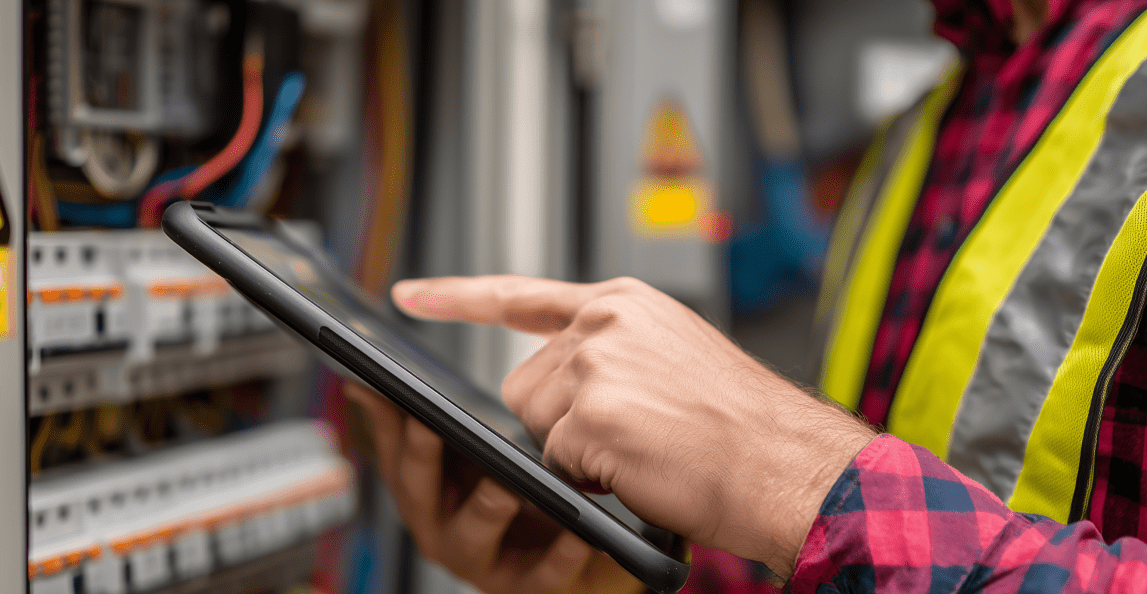 Technician using a tablet at an electrical control panel