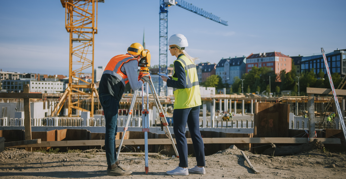 Two surveyors using a theodolite on an early-stage construction site with tower cranes