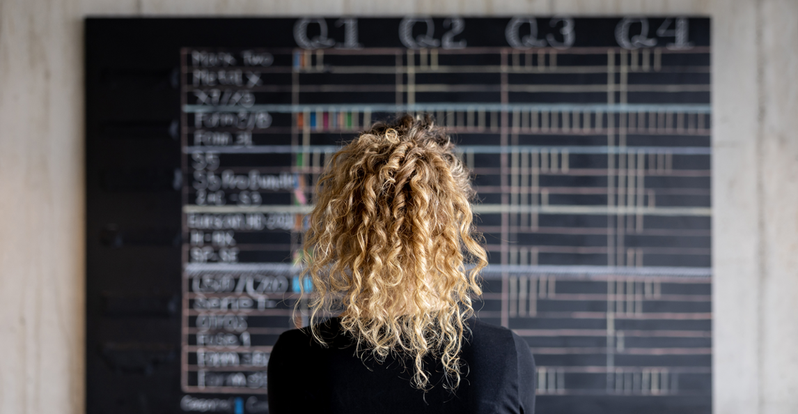 A professional reviews a Q1–Q4 project schedule on a chalkboard.