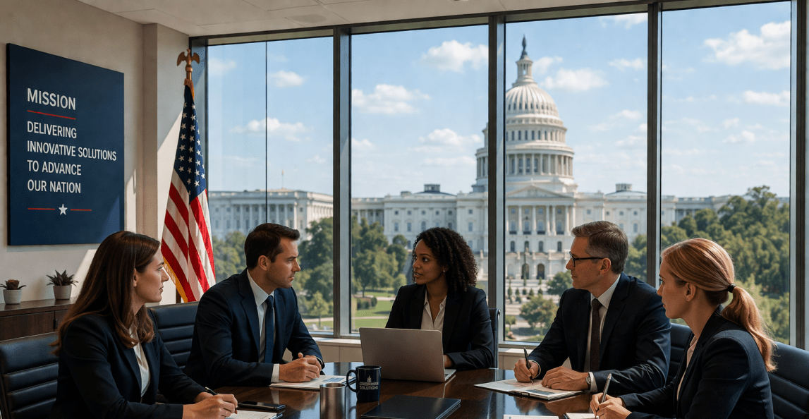 Professionals in meeting room overlooking the U.S. Capitol