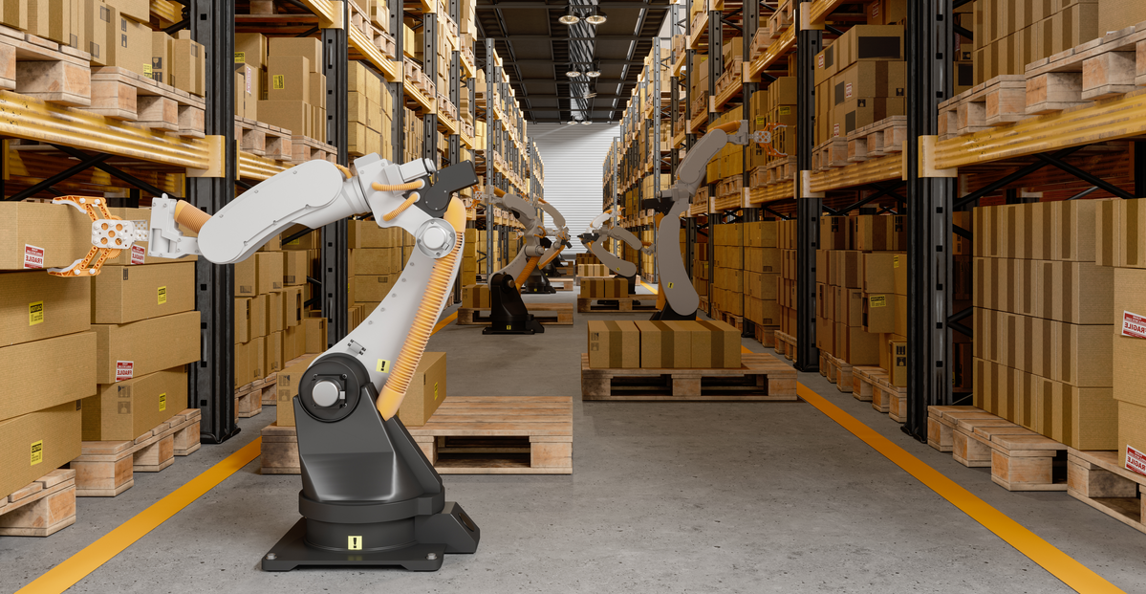 Automated robotic arms handling boxed materials in a large warehouse