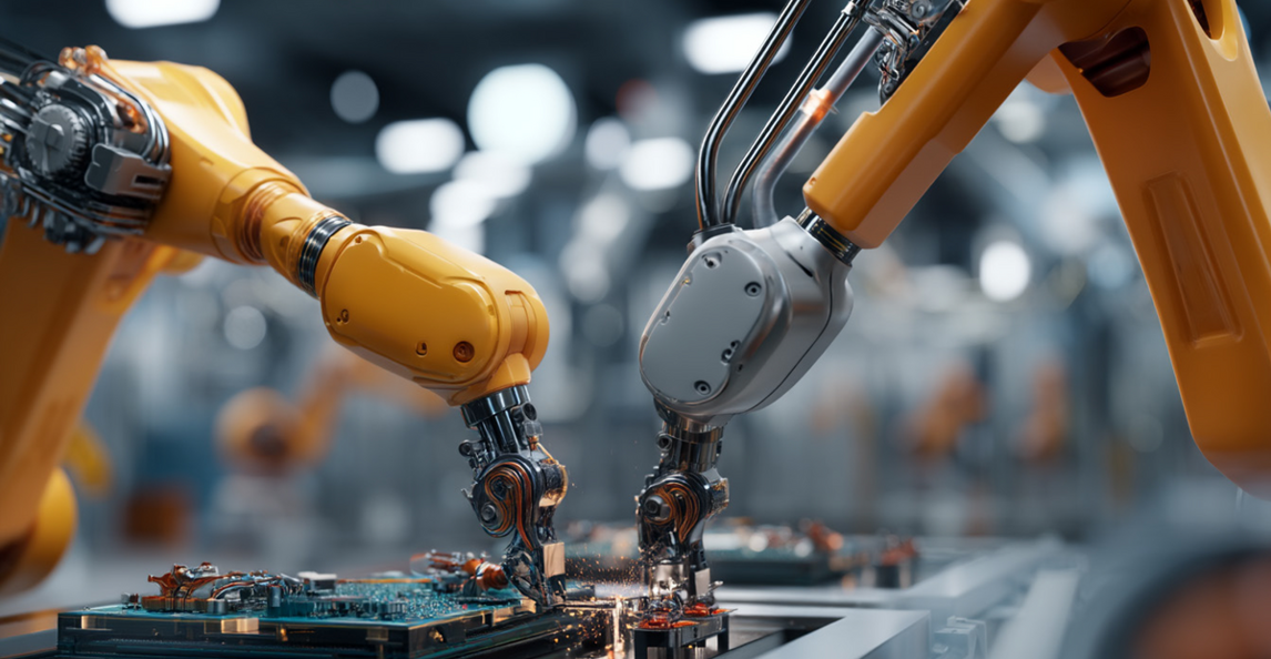 Yellow robotic arms assembling circuit boards in an automated manufacturing facility
