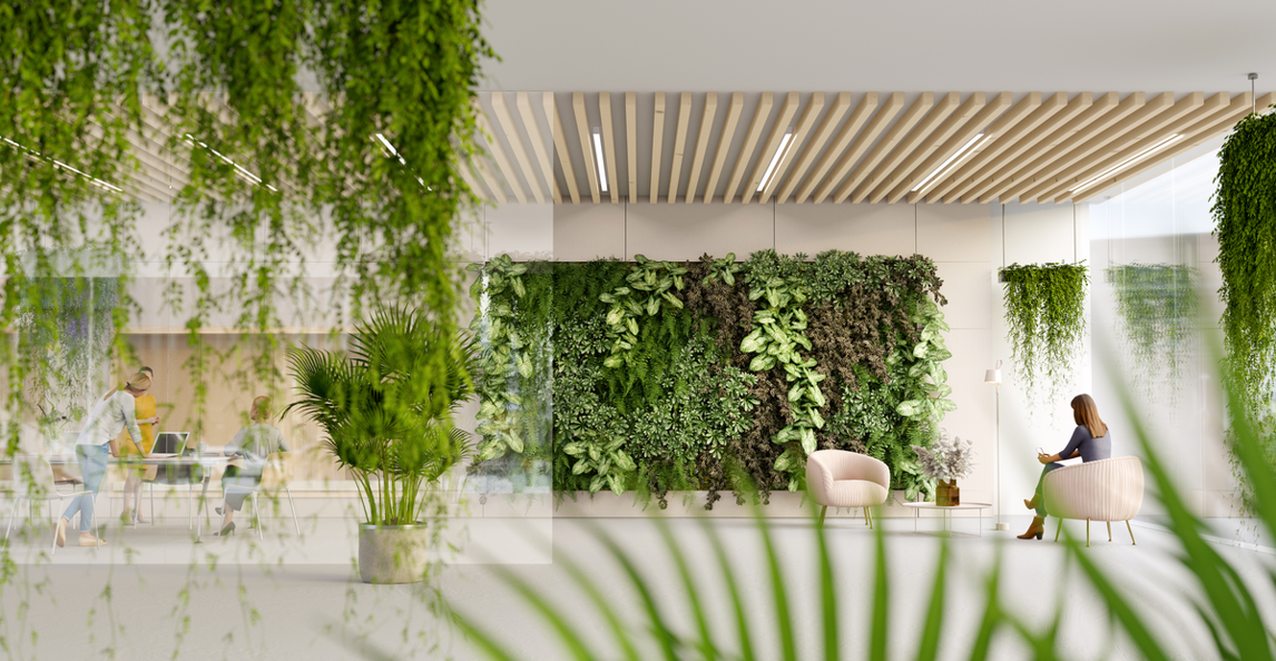 Team collaborating in a modern biophilic office environment