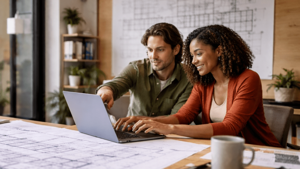 People collaborating on laptop with architectural plans on desk