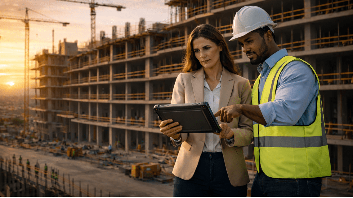 People reviewing construction plans on tablet at building site
