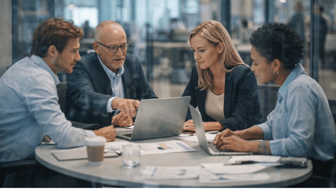 Team collaborating around laptop and documents in office meeting