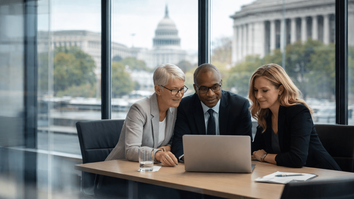 Business professionals reviewing information on laptop in office meeting
