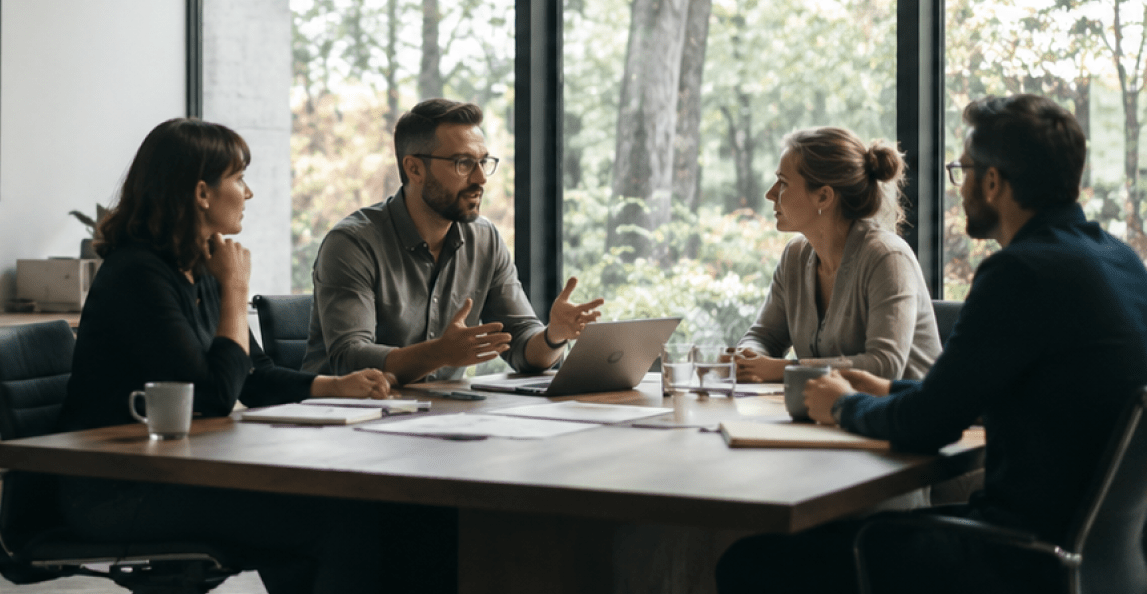 Group discussion in office with laptop and paperwork on table