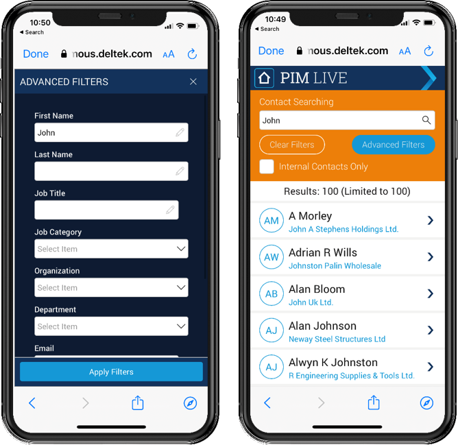 Deltek PIM Mobile Filtering
