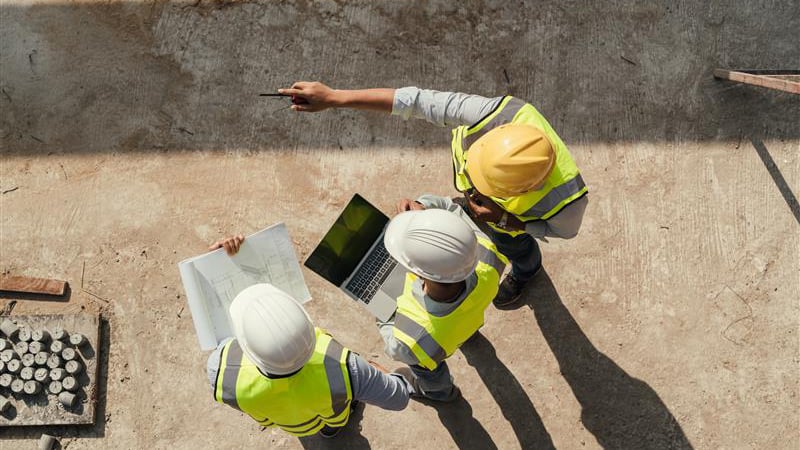 A group of construction workers discussing plans over a laptop