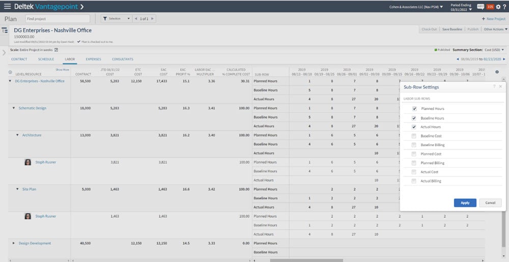 vantagepoint details plan with sub rows
