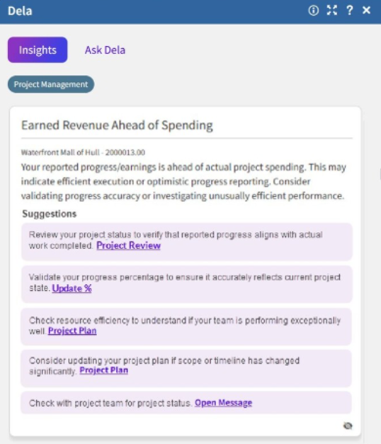 Auto-flag the top 3 project risks nightly and get next-step actions tied to earned, invoiced, and spent gaps.