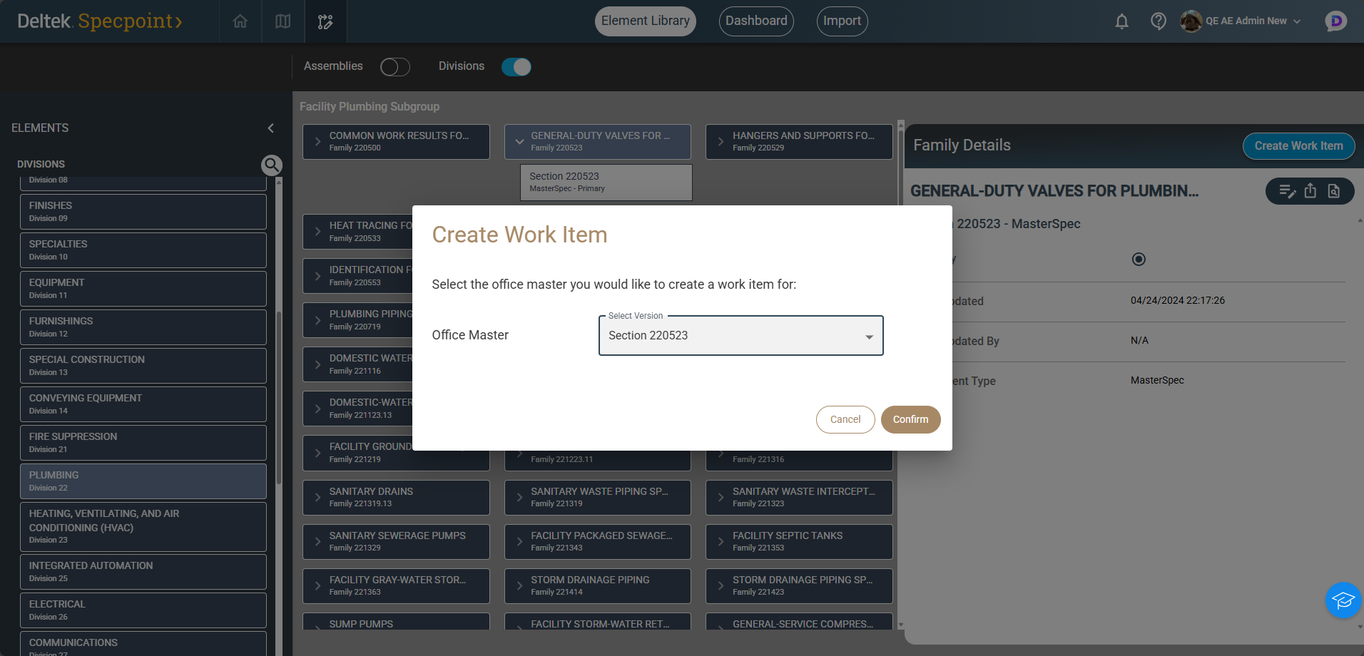 Choose the MasterSpec section to create a work item, customize project specifications, and take full advantage of Specpoint&rsquo;s functionality.