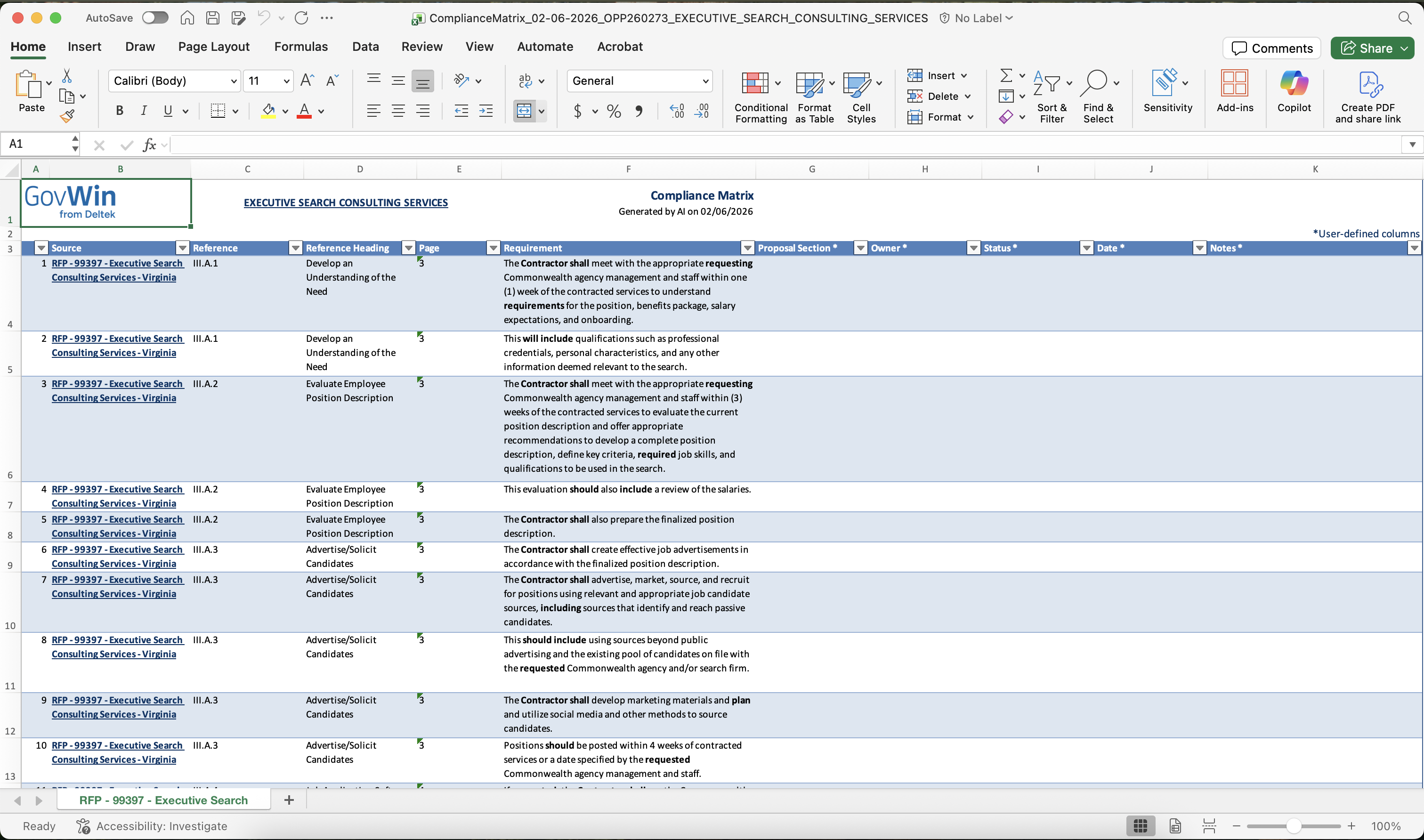 GovWin IQ's compliance matrix features