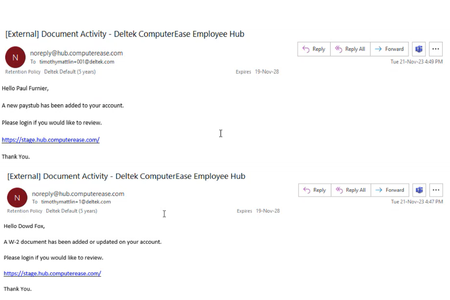 ComputerEase Employee Hub Email Notifications