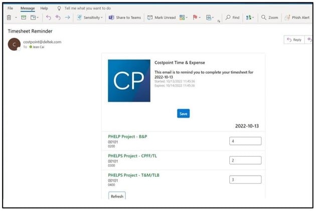 Timesheet reminder email with project hour entry fields.