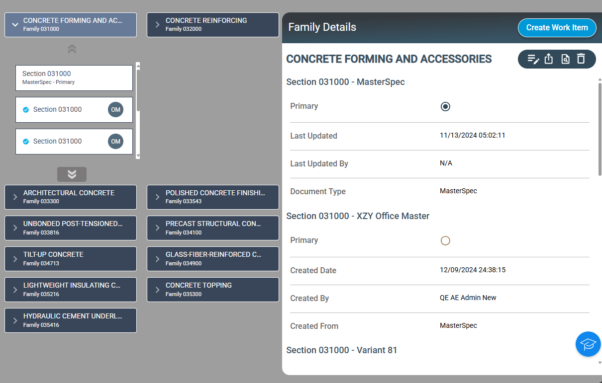 Maintain a comprehensive log of Family Details for the supporting MasterSpec section.