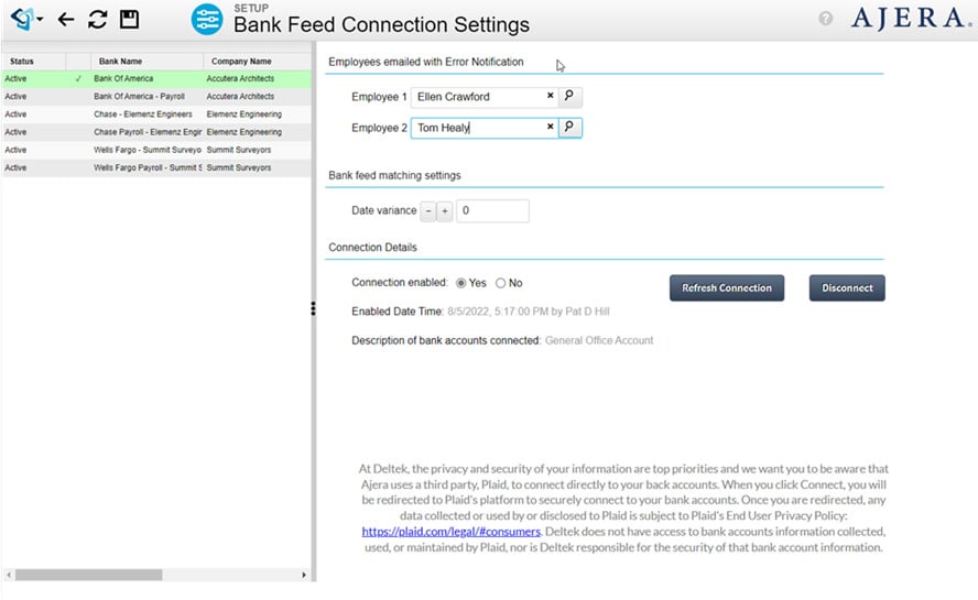 Bank Feed Connection Settings