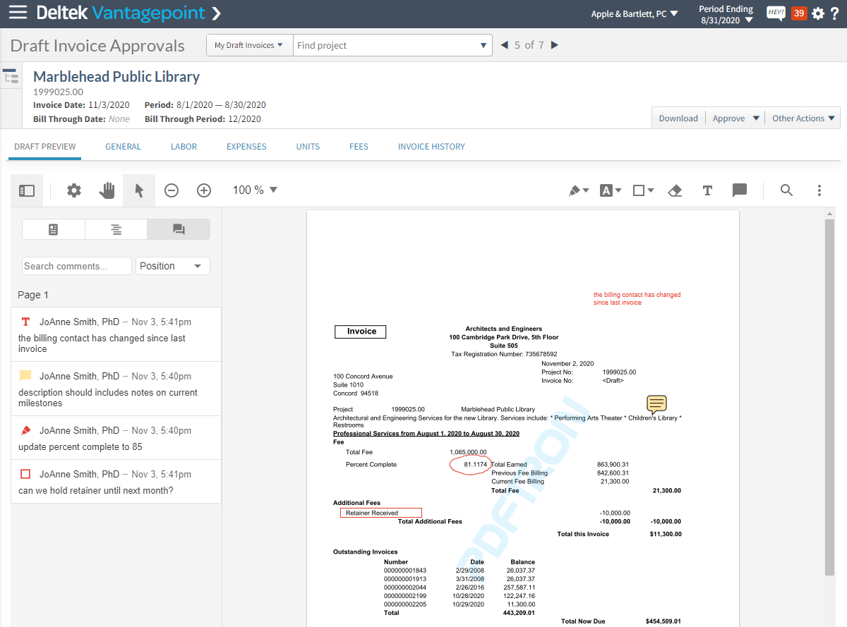 Deltek Vantagepoint, Draft Invoice Red Line Markup