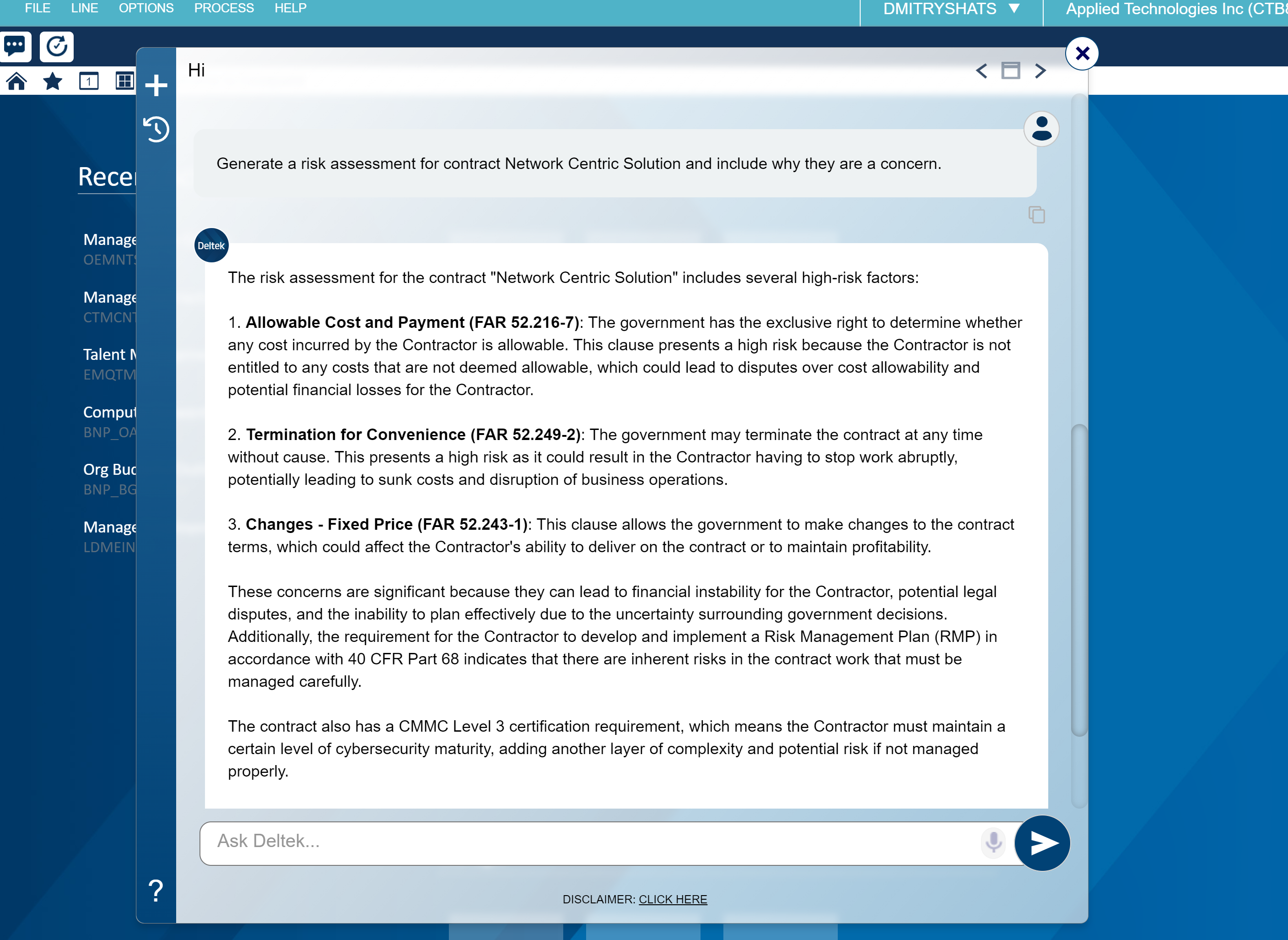 Deltek chatbot displaying a risk assessment response.