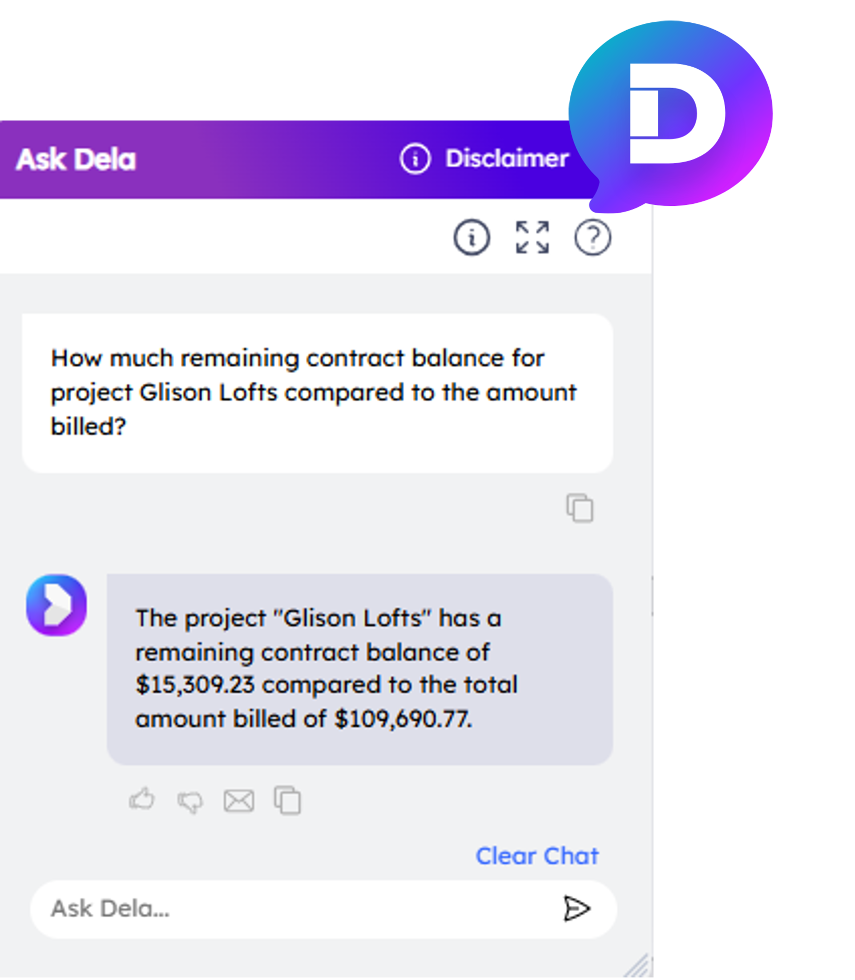 Find answers instantly with Ask Dela, Ajera&rsquo;s AI-powered assistant that delivers project, client, and employee data in seconds.