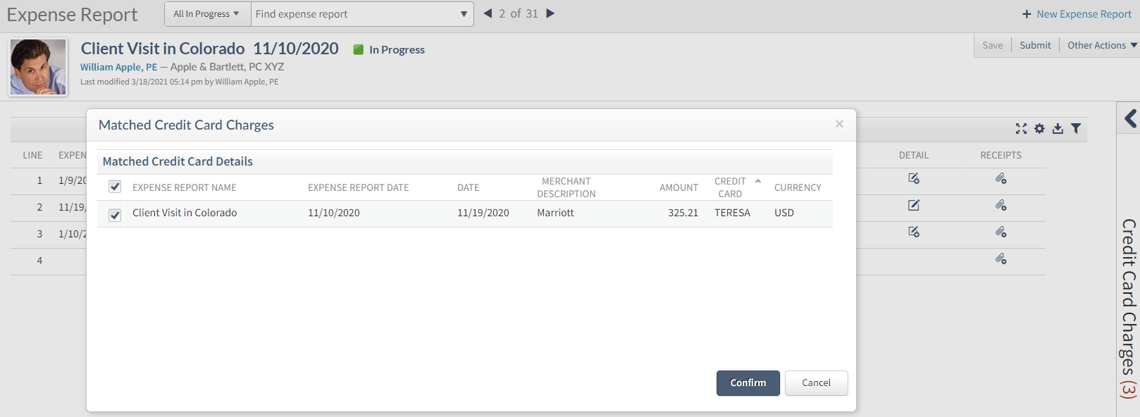 The dialog reflects a credit charge that is a match with an existing expense line