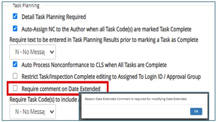 Users are required to enter a comment when extending the date in Task Planning