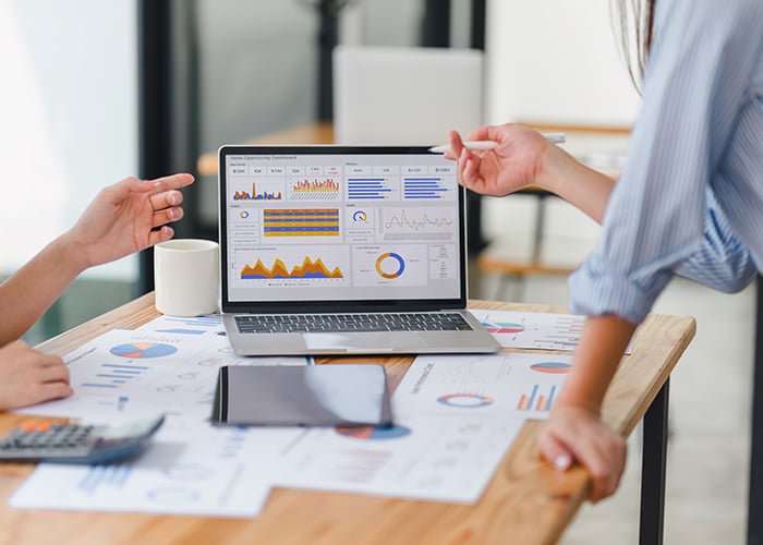 Business Professionals Analyzing Project Performance Dashboard and Financial Reports on Laptop
