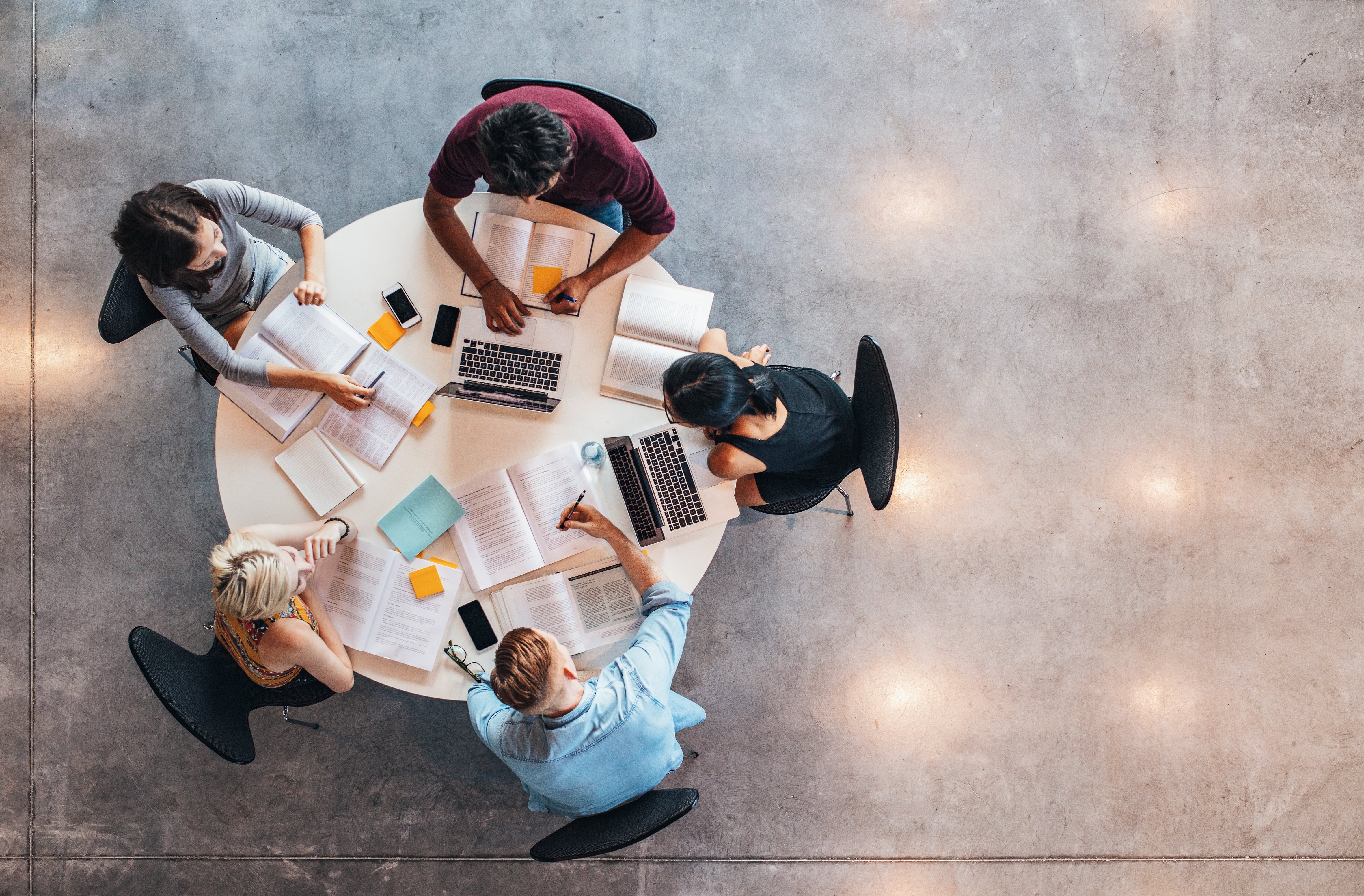 Aerial view of team members discussing