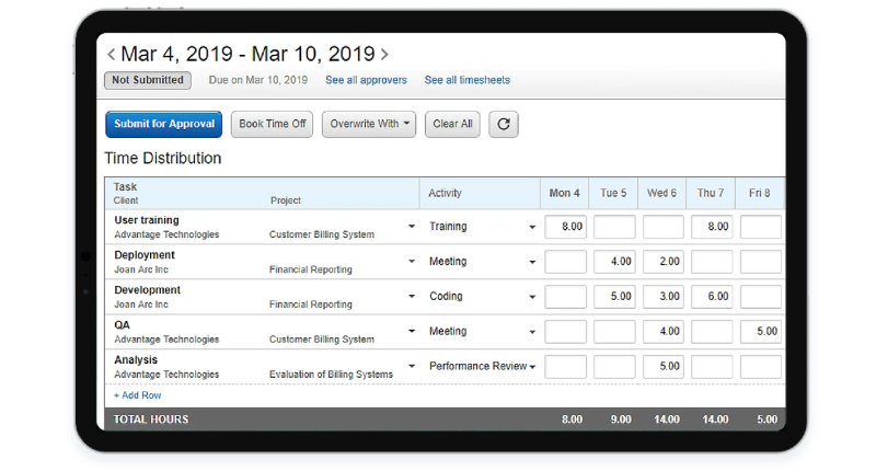 Replicon time billing software interface