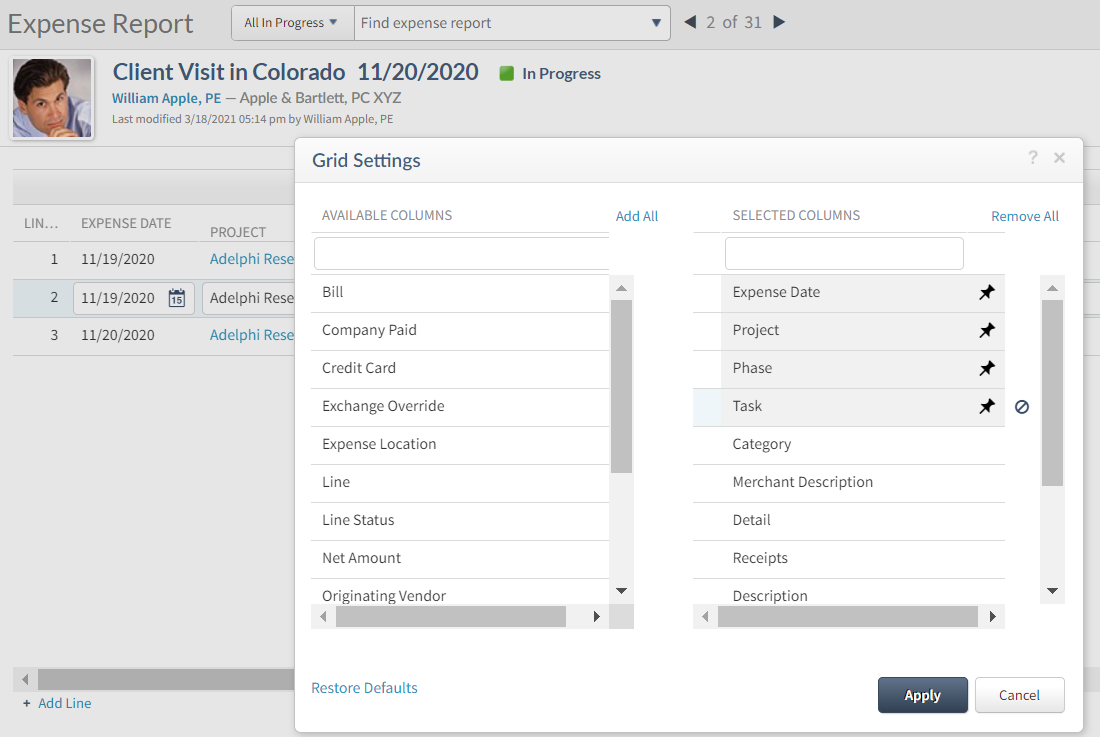 Reorder the columns and pin/hide columns to help you streamline your expense entry