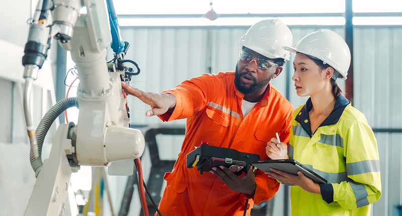 Two employees examining the workings of a machine