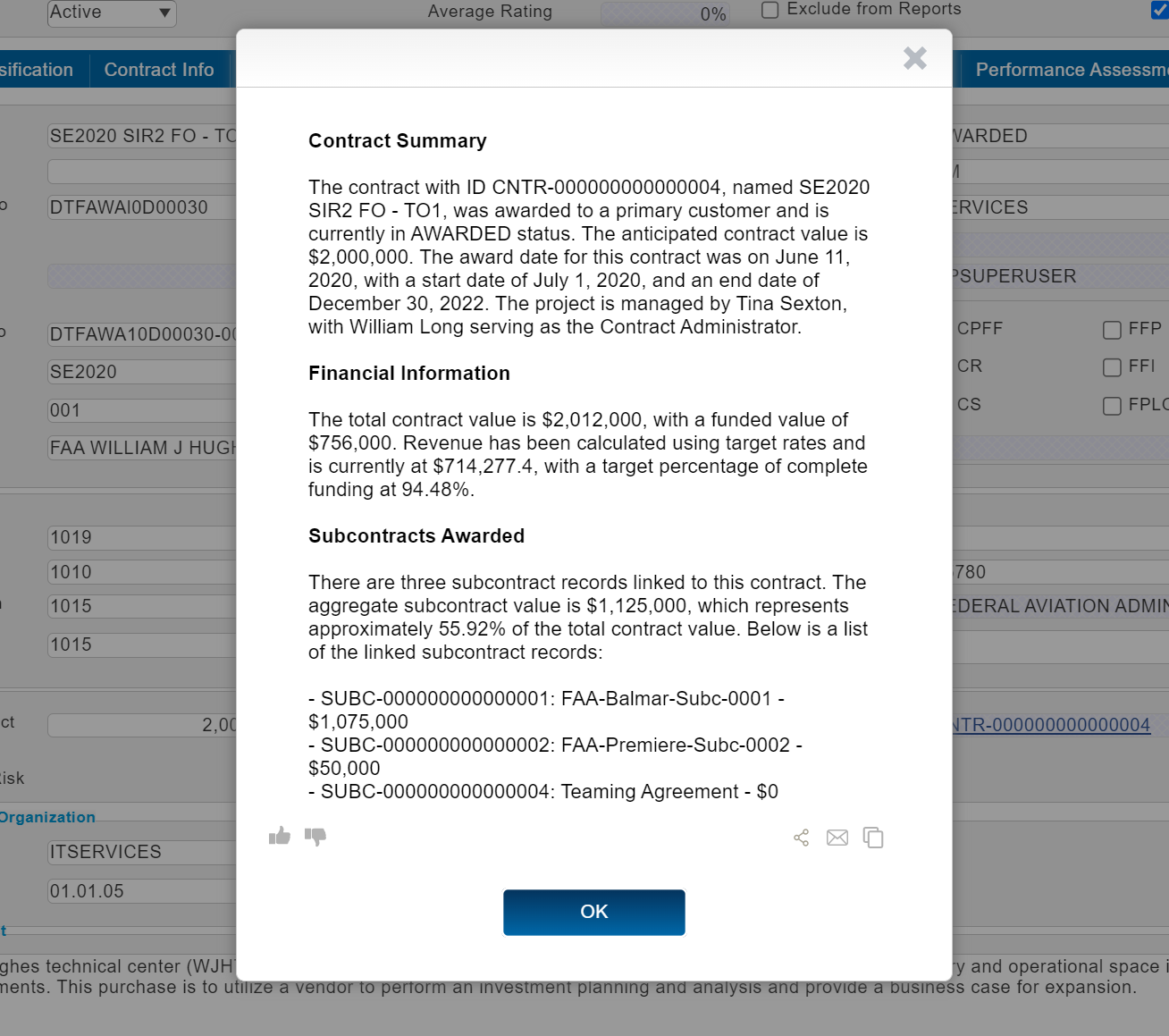Contract summary dialog displaying contract and financial details.