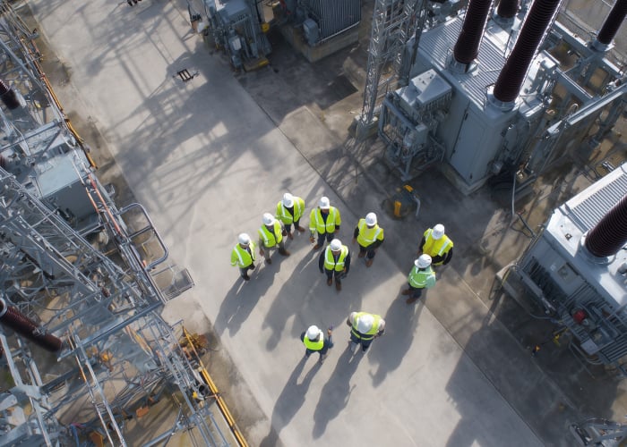 Top view of workers in the factory