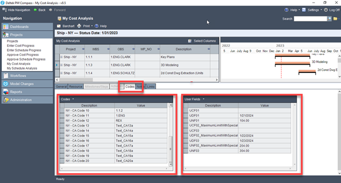 Combined Codes and User Fields Tabs