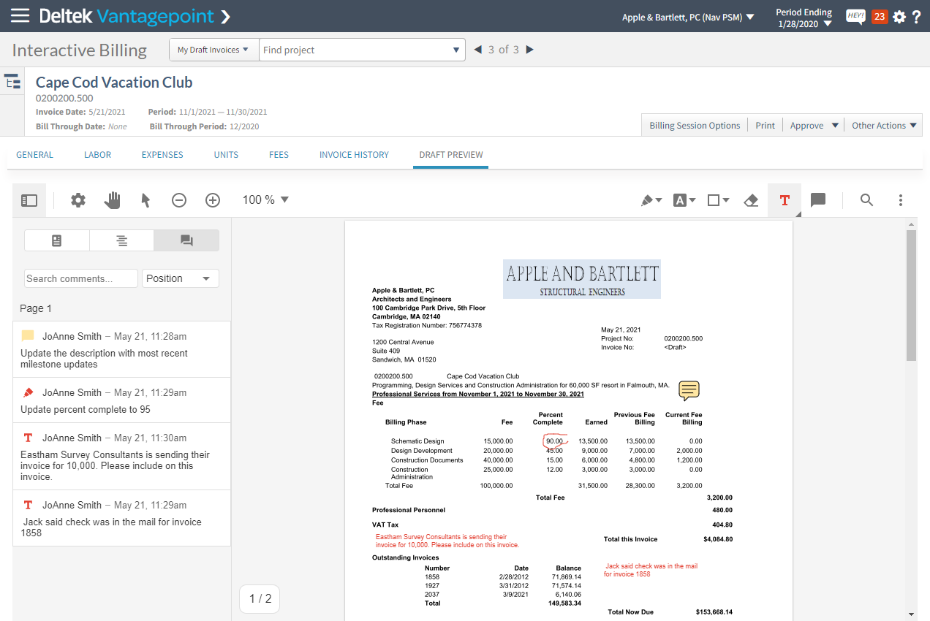 Deltek Vantagepoint, Track Drafts