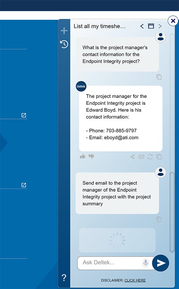 Deltek chatbot displaying project contact information.