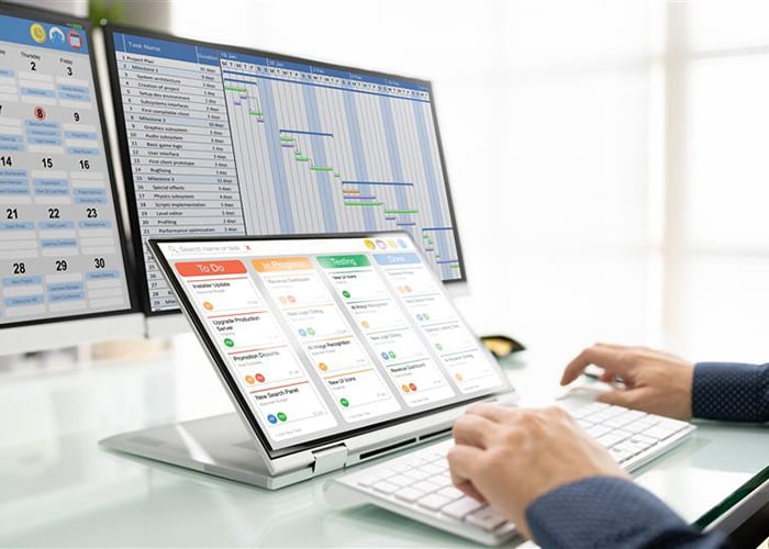 Project manager working on project schedule and resource management