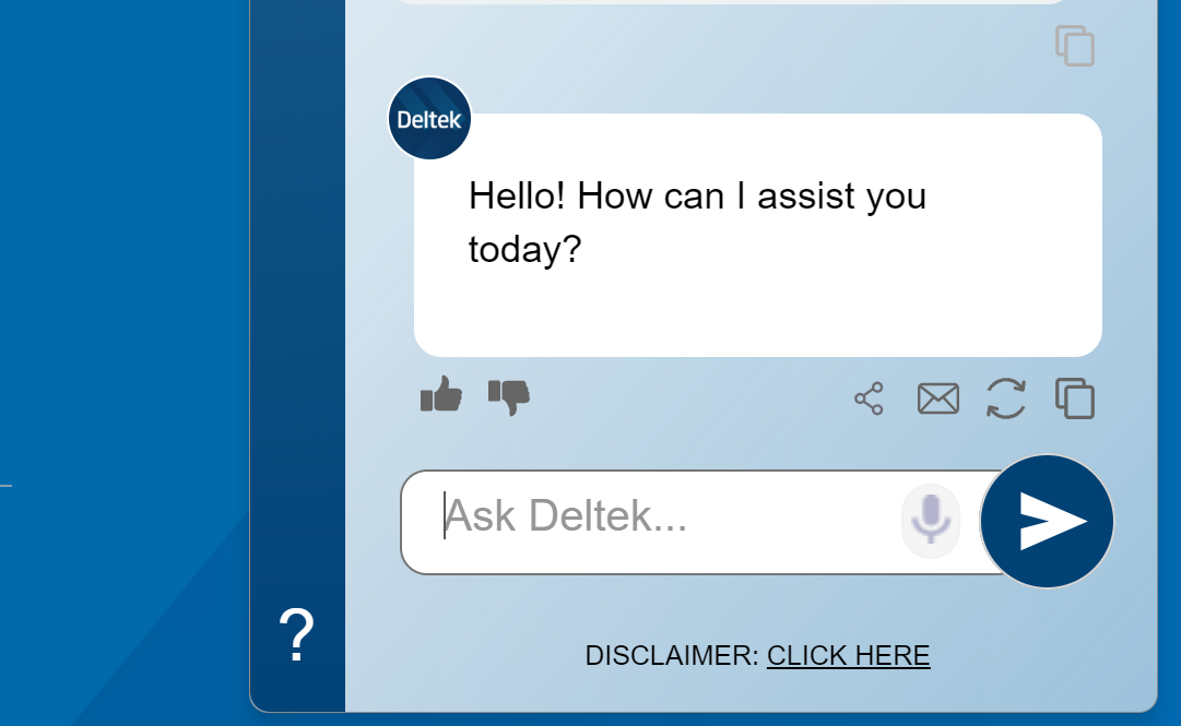 Deltek chatbot interface with welcome message and input field.