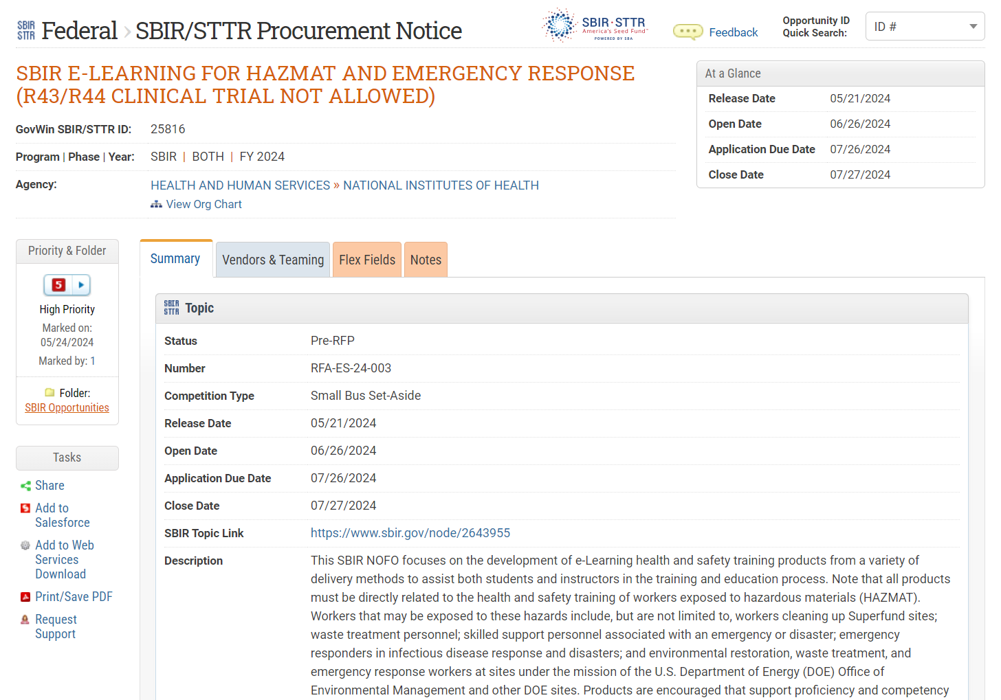 Centralized SBIR/STTR Contract Procurement Notices and Awards