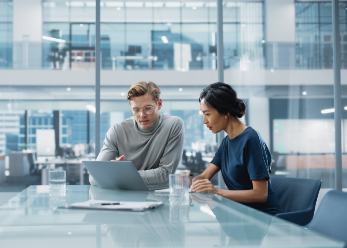 Two employee discussing with laptop