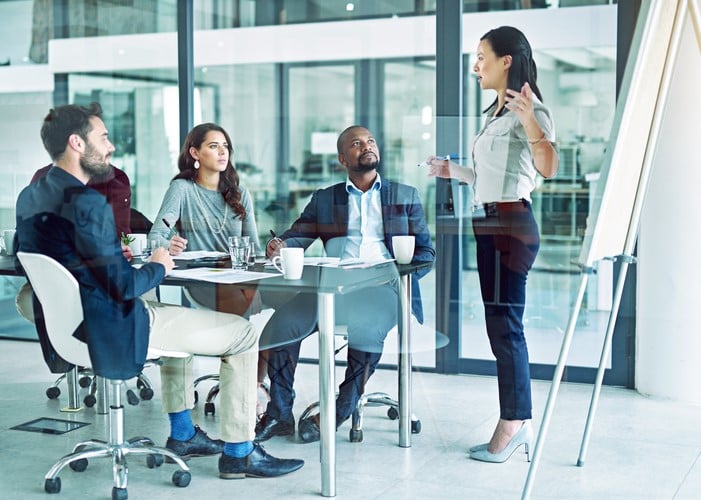 Business Leader Presenting SaaS ERP Solution Strategy to Executive Team in Conference Room