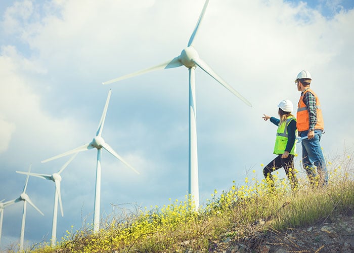 Male and female wind farm engineers