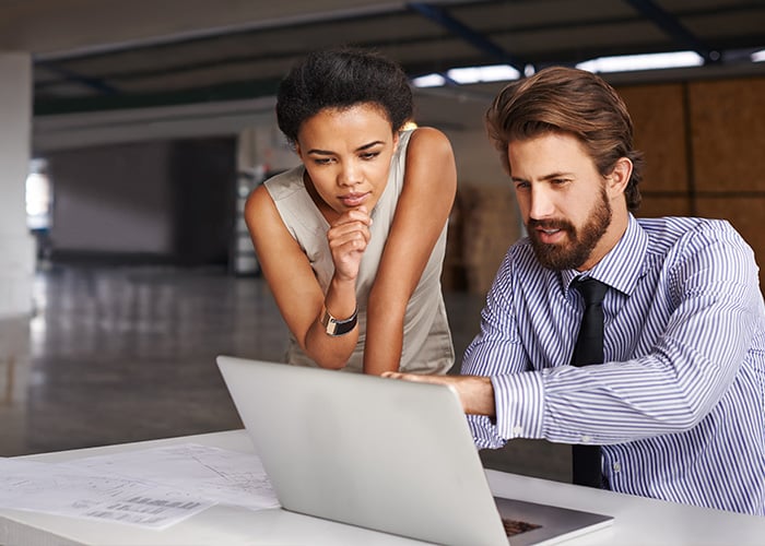 Two Business Professionals Collaborating on Project Data and Reports on Laptop in Office