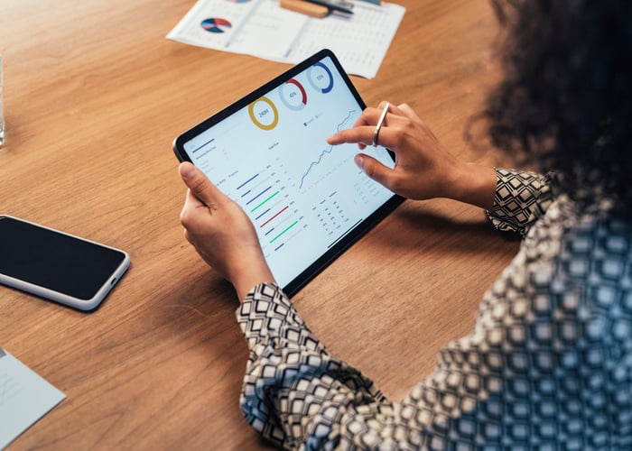 Business Professional Reviewing Project Performance Analytics and KPI Dashboard on Tablet